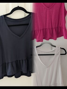3pk Women’s V-Neck Ruffle Hem Peplum Tank Crop Top - Navy Blue, Magenta, White